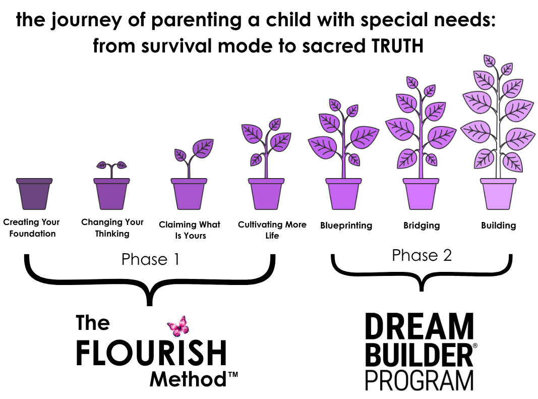 Process graphic for The Flourish Method and Dream Builder Program. The steps, in order, are: Creating Your Foundation, Changing Your Thinking, Claiming What Is Yours, Cultivating More Life, Blueprinting, Bridging, and Building.